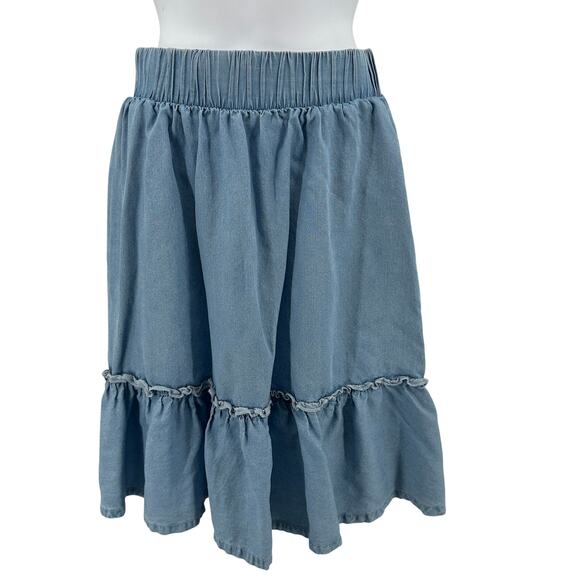 Torrid Skirt WMNS M Blue Chambray Ruffle Shirred Hem Stretch Waist Front Pockets - Picture 3 of 12